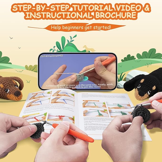 Crochet Kit for Beginners - 2 PCS Dachshund Crochet Kits with Step-by-Step Video Tutorials, Beginner Crochet Kit for Adults, Crochet Animal Kit for Kids, Dog Craft Knitting Kit-CubbioJoy
