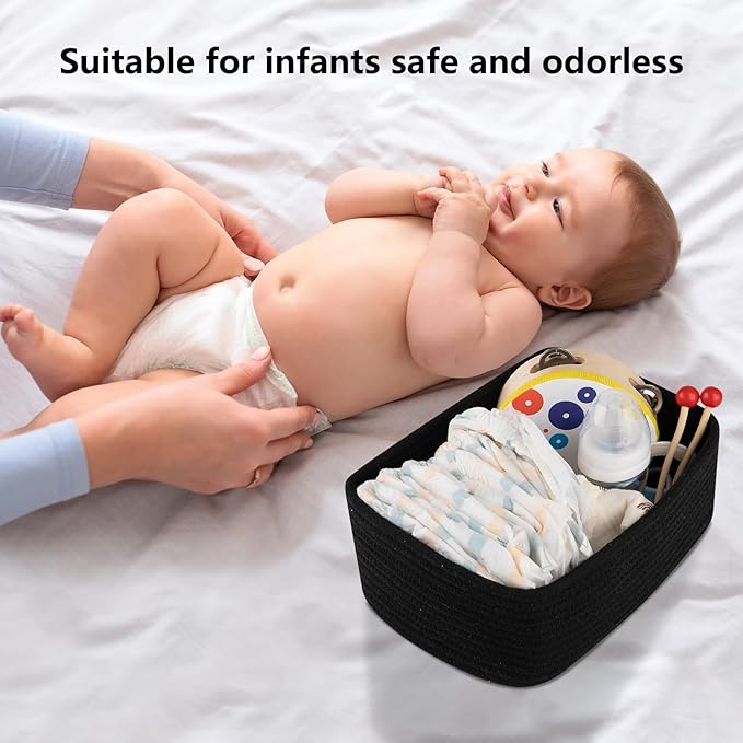 4 Pack Small Storage Shelf Baskets for Organizing, Mini Woven Rope Storage Bins for Towels, Cute Decorative Closet Organizer，Baby Nursery, Gift Empty Baskets -11.81''Lx7.87''Wx4.72''H-Black-CubbioJoy