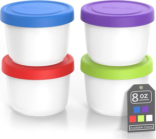 BALCI - 8oz Mini Ice Cream Containers with Silicone Lids (Set of 4) - Freezer Food Storage Containers, Reusable, LeakProof, For Homemade IceCream Containers - Blue, Red, Green, Purple-CubbioJoy