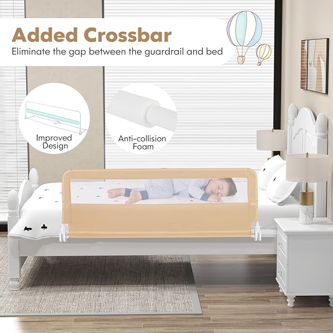 BABY JOY Bed Rails for Toddlers, 59'' Extra Long, Swing Down Bed Guard w/Safety Strap, Folding Baby Bedrail for Kids Twin, Double, Full Size Queen & King Mattress (59-Inch, Beige)-CubbioJoy