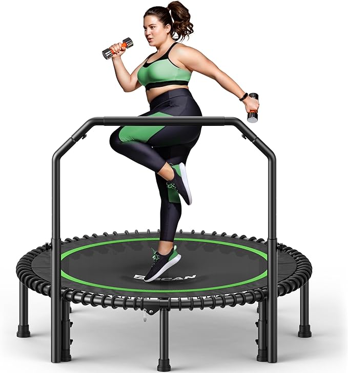 BCAN 40"/48" Mini Rebounder Trampoline for Adults with Bar, 450/550LBS Fitness Trampoline with Bungees, Adjustable Handle, Stable & Quiet, Indoor Outdoor, Whole-Body Workout & Relaxation at Home-CubbioJoy