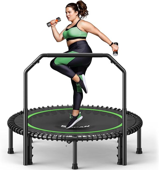 BCAN 40"/48" Mini Rebounder Trampoline for Adults with Bar, 450/550LBS Fitness Trampoline with Bungees, Adjustable Handle, Stable & Quiet, Indoor Outdoor, Whole-Body Workout & Relaxation at Home-CubbioJoy