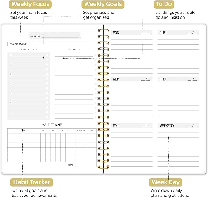 Undated Weekly Planner, Weekly To Do List Notebook with Goal & Habit Tracker Organizer, A5 5.8" x 8.0" Weekly Planner Notebook with Spiral Binding for Men or Women-CubbioJoy