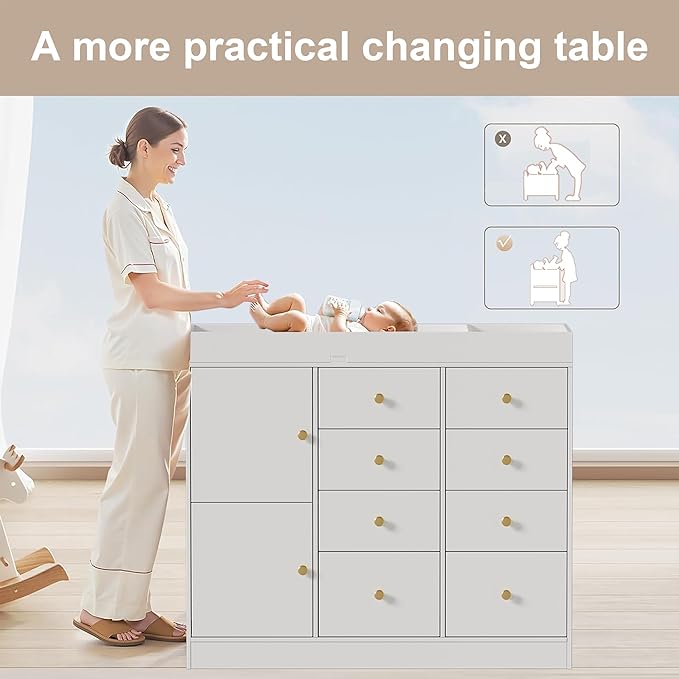 Changing Table Dresser with Drawers,Modern Baby Dresser with Changing Table Top for Nursery,Diaper Changing Station Organizer for Infants Newborn,White-CubbioJoy