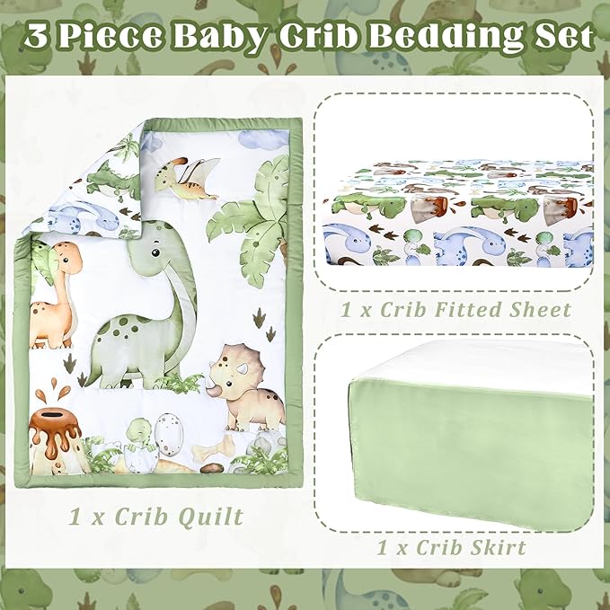 3 Pcs Baby Crib Bedding Set Safari Animals Dinosaurs Bear Woodland Animals Jungle Crib Set Includes Quilt, Fitted Sheet, Skirt for Baby Boy Girl(Green,Dinosaur)-CubbioJoy