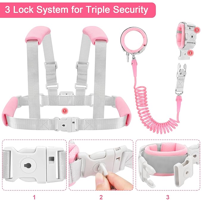Accmor 3 in1 Toddler Harness Leash with Anti Lost Wrist Link, Harness Leash for Toddlers, Baby Leash, Child Walking Harness Kids Leash Wristband Rope Belt with Lock for Girls to Outdoor Travel (Pink)-CubbioJoy