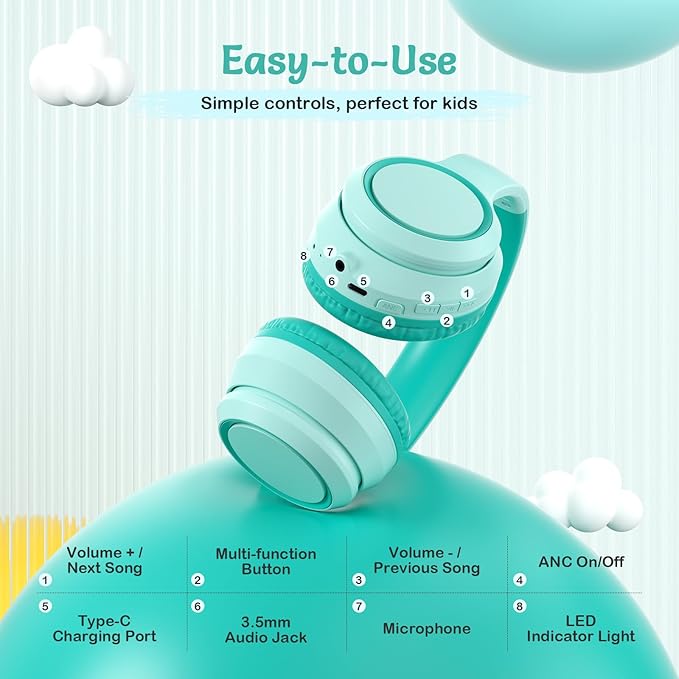 Active Noise Cancelling Headphones for Kids, 60H Playtime, Wireless Bluetooth Over-Ear Headset Built-in Microphone for Home/School/Travel/Party - Includes Portable Case-CubbioJoy