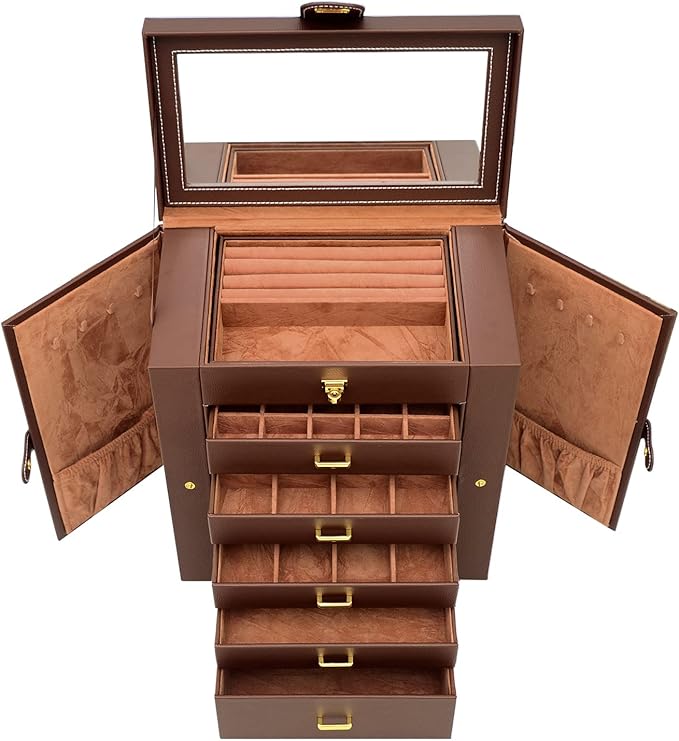 AKOZLIN Large 6-Tier Jewelry Box Organizer Functional Huge Lockable,5 Drawers Leather Jewelry Storage Case for Women Girls Ring Necklace Earring Bracelet Holder Organizer with Mirror Brown-CubbioJoy