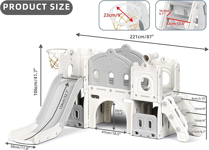 8 in 1 Toddler Slide Set, Kids Slide for Toddlers Age 1-3, Toddler Climber Slide PlaySet with Basketball Hoop,Outdoor Indoor Playground for Toddlers 1-3, White Gray-CubbioJoy