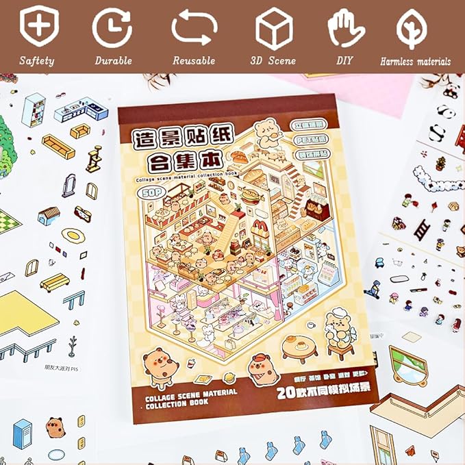 20 Sets DIY 3D Sticker Scenes for Adults Relief Stress, Cute Kawaii 3D House Sticker Therapy for Women Teen Girls Kids Pass The Time, Make Your Own Mini Room Scene Collection Book with Tweezer-CubbioJoy