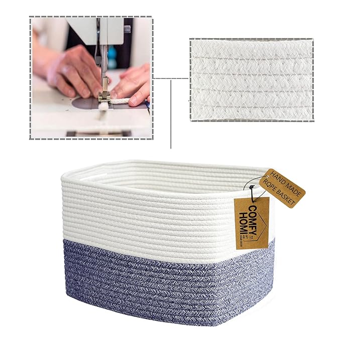 COMFY-HOMI 3 Pack Medium Cotton Rope Basket with Handles for Shelves, Dog Toy, Baby, Gift Organizing, Handwoven Craft - New Generation 13.5" x 11" x 9.5" (Navy Blue)-CubbioJoy