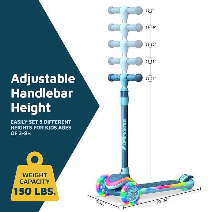 3-Wheel Kids Scooter with Multi-Color Lights on Deck & Wheels – 5-Height Adjustable Handlebar, Wide Anti-Slip Deck, Child Safety Certified, Boys & Girls Ages 3+ Supports Up to 150 lbs-CubbioJoy