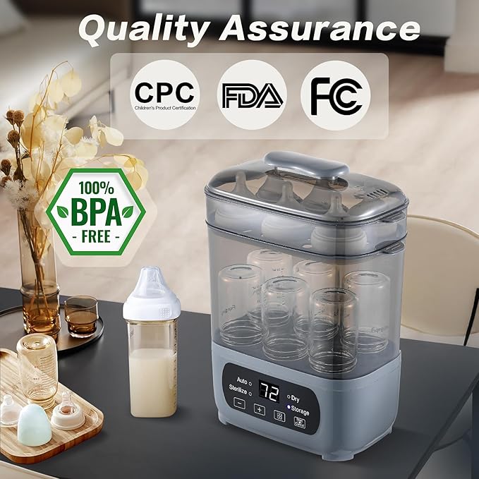 4-in-1 Baby Bottle Steamer and Dryer, Electric Steamer with Fast Drying, Universal Fit for All Bottles, LED Touch Screen & Auto Shut-Off Protection (Grey)-CubbioJoy