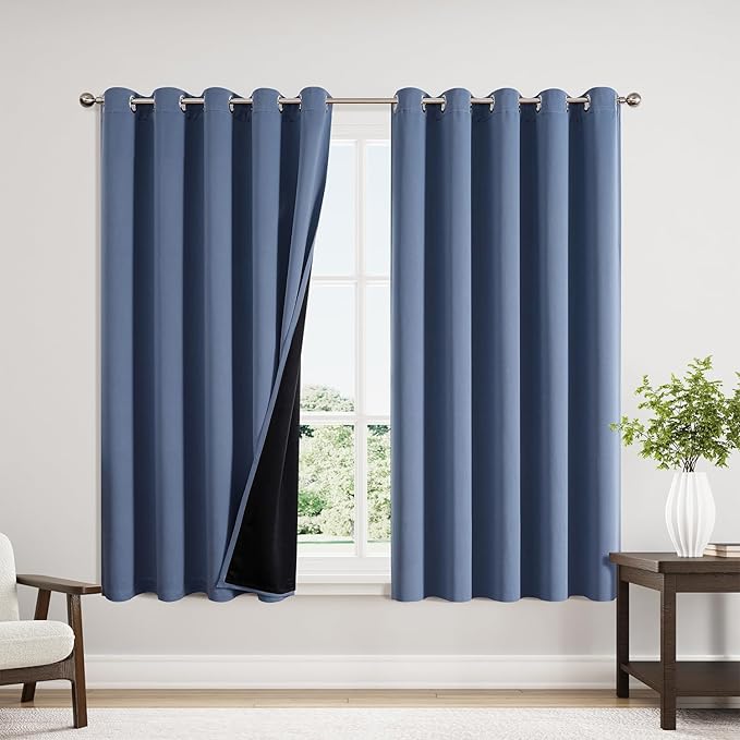 ChrisDowa 100% Blackout Curtains 63 inch Long for Bedroom with Black Liner, Extra Wide 2 Thick Layers Total Blackout Thermal Insulated Grommet Window Curtains 2 Panels Set (Stone Blue, 60 x 63 Inch)-CubbioJoy