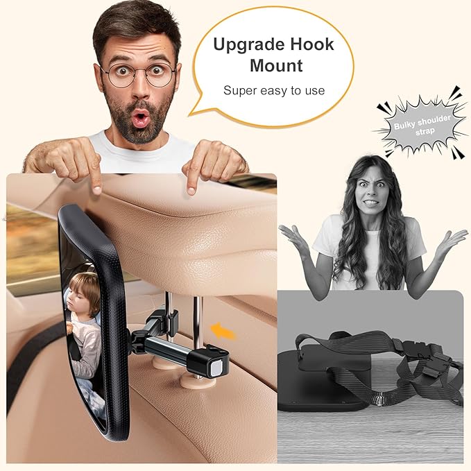 Baby Car Mirror for Rear Facing Seat - Clear View, Upgraded Hook Clip Design, 360 Rotation, Wide Crystal View, Shatterproof Crash Tested and Certified-CubbioJoy