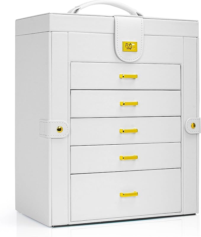 AKOZLIN Large Jewelry Box Organizer Functional with Big Mirror, Leather Jewelry Storage Case for Women Girls Ring Necklace Earring Bracelet Holder Organizer White-CubbioJoy