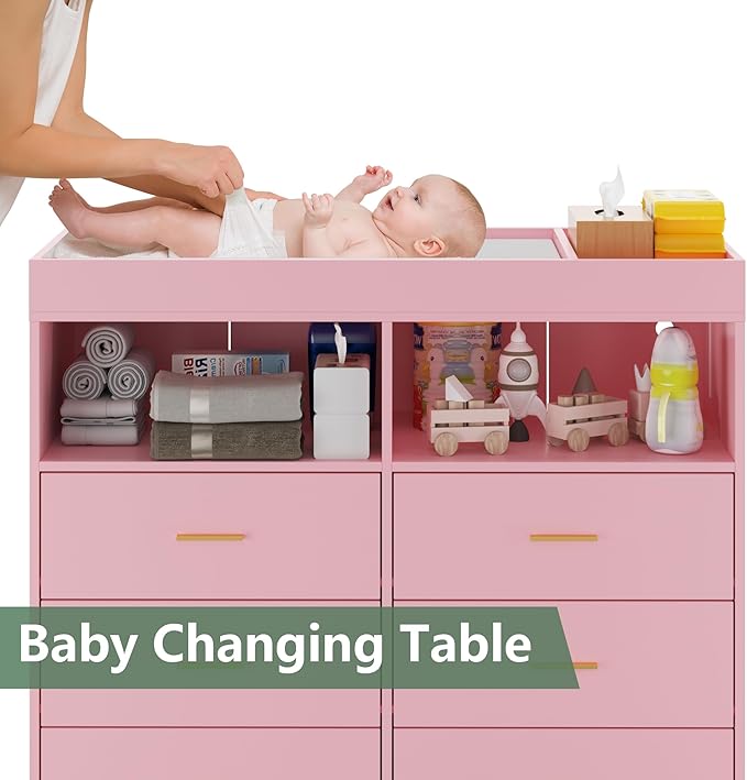 Changing Table Dresser with Drawers, Baby Dresser with Changing Table Top, Power Outlet, LED Light & Metal Feet, Diaper Changing Station Nursery Organizer for Infants Newborn, Pink-CubbioJoy