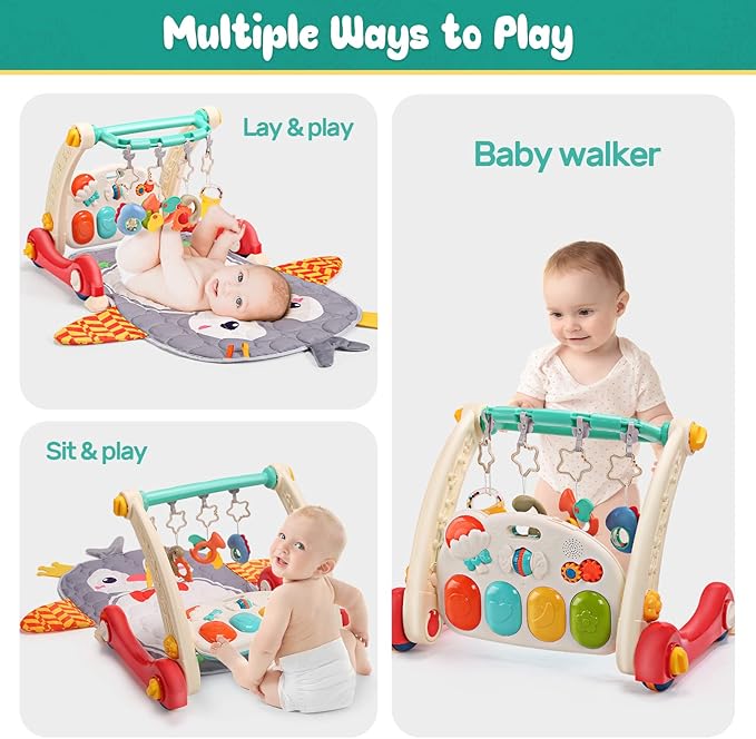 CUTE STONE Baby Gym Play Mat & Learning Walker, Activity Mat with Play Piano, Musical Activity Center with Lights, Baby Push Walkers & Tummy Time Mat for Infant Newborn Toddlers-CubbioJoy