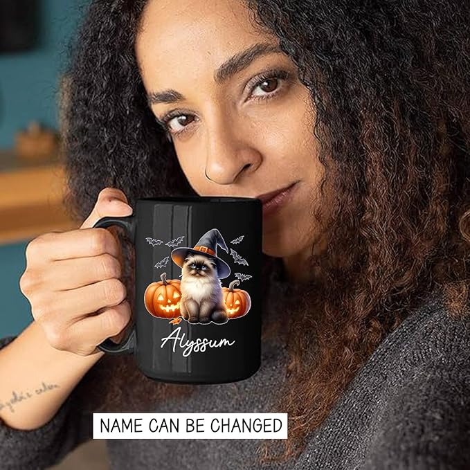 Customized Himalayan Wearing Witch Hat Mug with Name, Personalized Halloween Himalayan Ceramic Mug 11oz 15oz, Cat Pumpkins Black Coffee Cup, Halloween Cup Gift for Pet Lover Family Friend-CubbioJoy