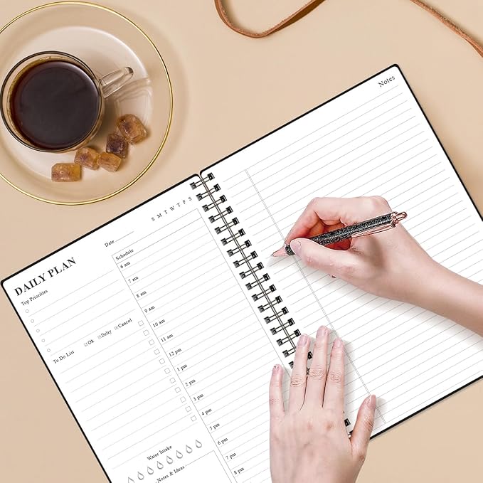 Daily Planner Undated - B5 To Do List Notebook Hourly Schedules, Spiral Appointment Planner for Women and Men, PVC Hardcover, Inner Pocket, Elastic Closure, 7" x 10", Black-CubbioJoy