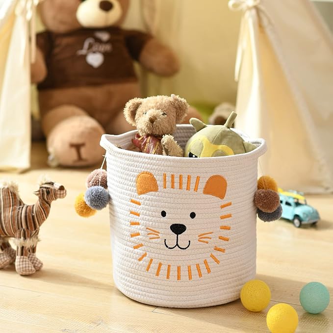 INough Toy Storage Baskets Cute Laundry Basket with Handles Dog Toy Storage Basket Durable Large Cotton Rope Storage Bins Home Organizer Solution for Office, Bedroom, Closet, Toys & Laundry (Lion)-CubbioJoy