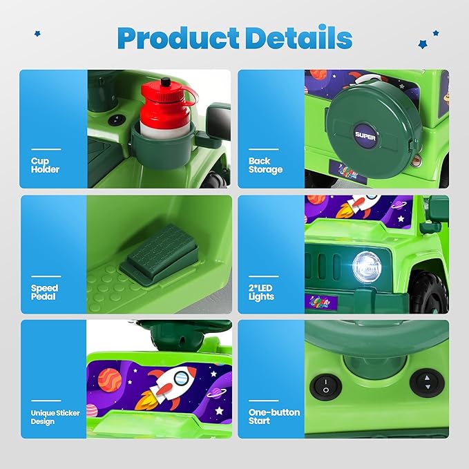 6V Toddler Ride On Car Interactive Electric Car with Horn LED Front Light Rear Storage Stellar Galaxy Theme Perfect for Boys & Girls 18+ Months Safe & Fun for Little Explorers(Green Space)-CubbioJoy
