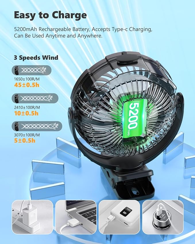 Ausic 3-in-1 Portable Clip on Fan with Misting & LED Lights & Hook, 100ML Baby Stroller Fan, 5200mAh Rechargeable Battery Operated & 360° Rotation & 3 Speeds for Table Outdoor Travel Camp Golf Cart-CubbioJoy