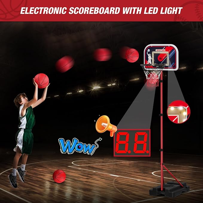 4 in 1 Kids Basketball Hoop and Tball Set for Toddlers 3-5, Basketball Goal with Scoreboard & LED, Hanging Tee Ball Stand with Baseball Pitching Machine, Indoor Outdoor Sport Toys for Boys 4-8-CubbioJoy