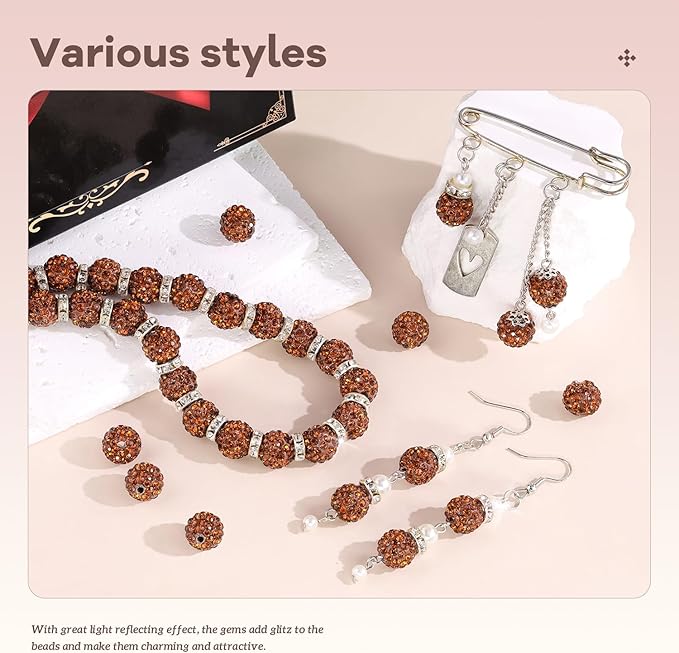 160pcs 10mm Rhinestone Beads for Jewelry Making, Brown Shiny Round Disco Ball Beads Bulk, Sparkle Crystal Clay Christmas for Bracelet Baseball Necklace Earring Crafting and DIY-CubbioJoy
