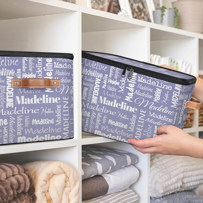 Custom Storage Basket with Name, Personalized Storage Bins with Zipper Lid, Foldable Fabric Storage Box Large capacity with Handle Haze Purple-CubbioJoy