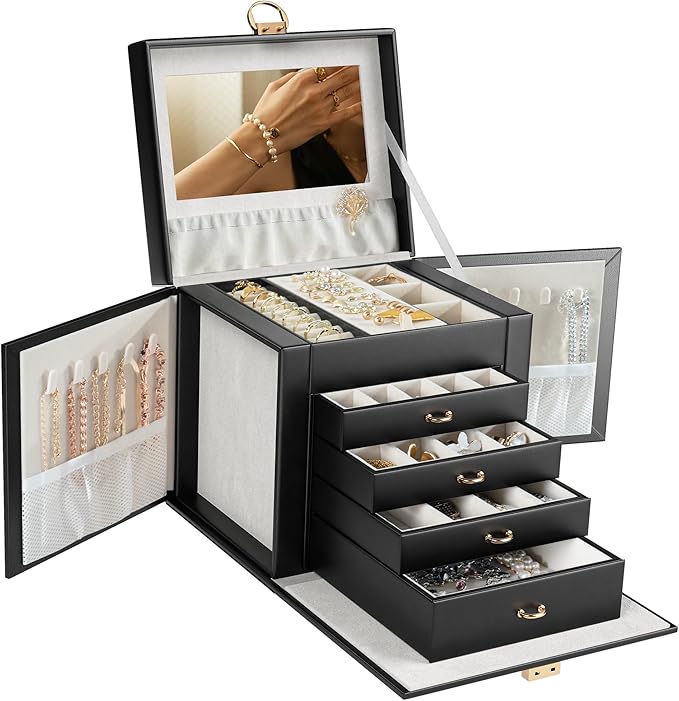 5-Layer Jewelry Box with 4 Drawers, Huge Portable Jewelry Organizer with Lock and Mirror for Women, for Necklace Ring Earring Bracelet Storage, Lockable Jewelry Case, Black-CubbioJoy