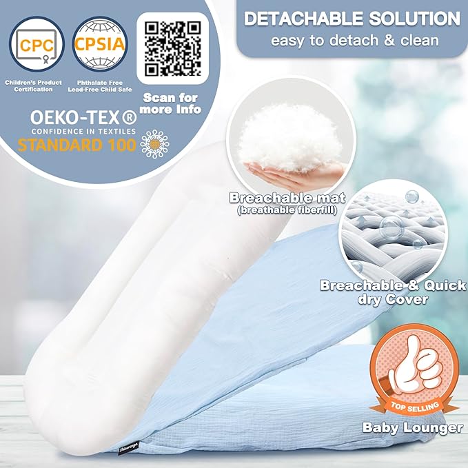 Baby Lounger - Snuggle Cozy Me Infant Lounger for Newborns | Breathable & Soft, Portable Awake-Time Pad, Essential Baby Gift- Blue (Lounger Cover Included)-CubbioJoy