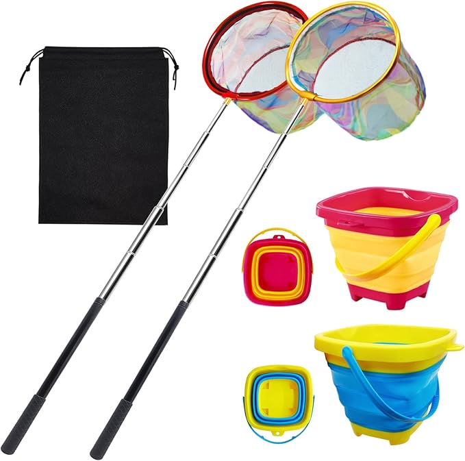 2PCS Fishing Net with Bucket, Telescopic Fishing Landing Net, Collapsible Kids Sand Bucket, Kids Fish Butterfly Catching for Freshwater Saltwater Outdoor Activities-CubbioJoy