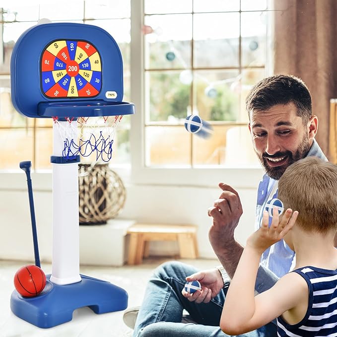 Costzon Kids Basketball Hoop, 4-in-1 Toddler Sports Activity Center with 5 Adjustable Height, Basketball Golf Toss Ring Dart Board Game Set, Indoor Outdoor Toddler Basketball Hoop, Gift for Boys Girls-CubbioJoy