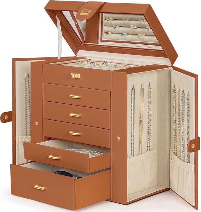 AKOZLIN Huge Jewelry Box Organizer Functional Large Leather Jewelry Storage Case for Women Girls Ring Necklace Earring Bracelet Holder Organizer with Mirror-CubbioJoy