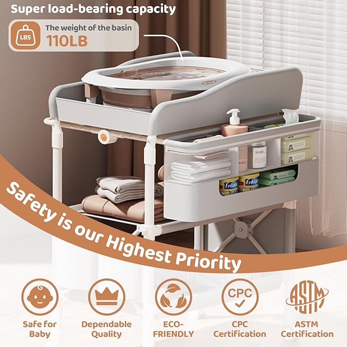 Baby Changing Table, Versatile Folding Changing Table with 2 Drawers, Portable Baby Diaper Changing Station with Toy Holder, Adjustable Height Mobile Nursery Diaper for Infant and Newborn-CubbioJoy