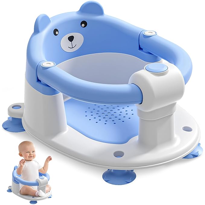 Baby Bath Seat for Babies 6 Months & up, Non-Slip Toddler Bath Seats for Babies Sitting Up, Safe Infant & Newborn Bathtub Chair with 4 Suction Cups & Soft Cushion for Shower,Blue-CubbioJoy