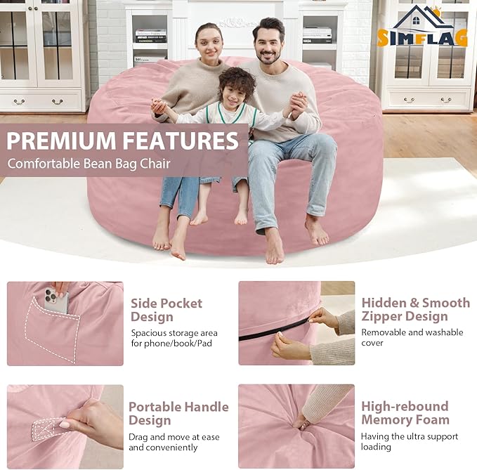 5FT Bean Bag Chair, Large Bean Bag Chairs with Memory Foam Filled, Fluffy Beanbag Sofa with Dutch Velvet Cover, Round BeanBag Chairs for Living Room, Playroom - Light Pink-CubbioJoy