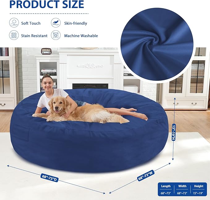 7FT Bean Bag Chair, Large Bean Bag Chairs with Memory Foam Filled, Fluffy Beanbag Sofa with Dutch Velvet Cover, Round BeanBag Chairs for Living Room, Playroom - Blue-CubbioJoy