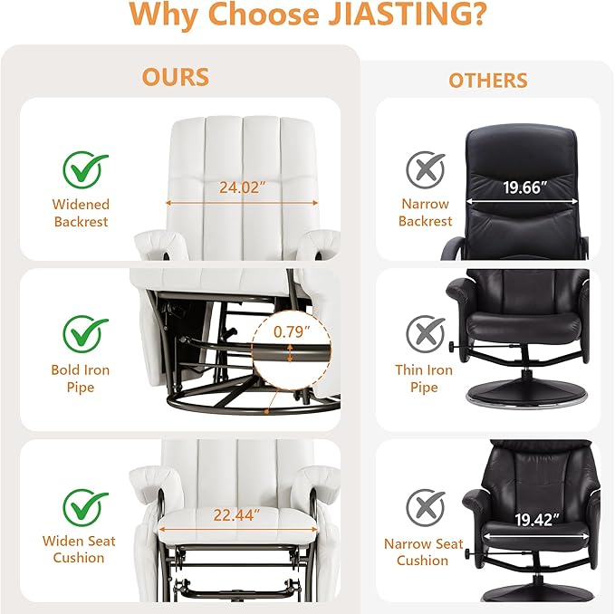 JIASTING 360° Swivel Leather Recliner Chair with Ottoman & Double Side Pockets, Nursing Glider Rocking Recliner Chair, Gliding Chairs for Nursery, Living Room, Office, Bedroom, Metal Frame (White)-CubbioJoy