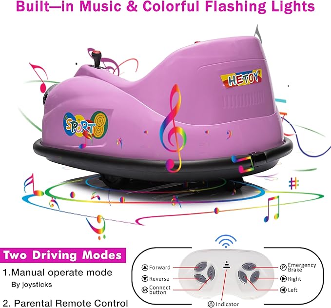 12V Bumper Car for Toddlers, Electric Toy Ride on Battery Car with Kids W/Parent Remote Control, 2-Speed, 360 Degree Spin, Music & LED Lights for Kids, Purple-CubbioJoy