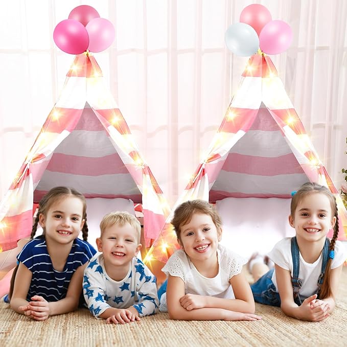 2 Pack Kids Teepee Tent with Mattress,Fitted Sheet,Light String,Washable Natural Cotton Toddler Play Tent for Girls Boys Indoor Outdoor Sleepover Slumber Birthday Party(Pink and White)-CubbioJoy