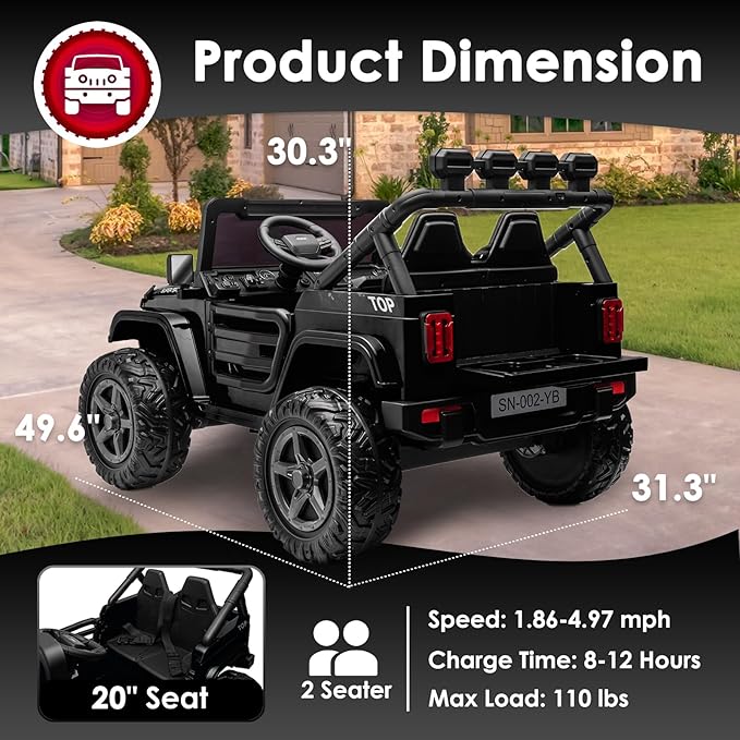 24V 2 Seater Ride On Truck with Remote Control 4WD Electric Car for Kids Ride On Car Battery Powered Ride On Toy Car with Music Player, LED Lights, Bluetooth, Rear Shock Absorber, Black-CubbioJoy