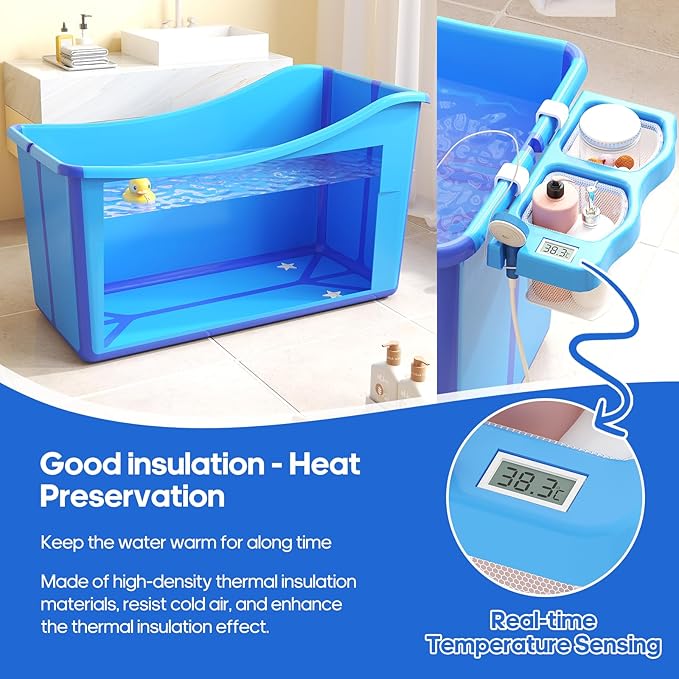 Collapsible Baby Bathtub Foldable Bathtub for Toddler Portable Large Foldable Bath Tub Bathtub for Kids Petite with Thermometer and Storage Basket (Blue)-CubbioJoy