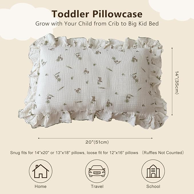 BuLuTu Muslin Toddler Pillowcase for Crib Cot Cradle, Soft Thin Kids Pillow Cover for Girls Boys, Children Pillow Cover for Sleeping with Cute Rabbit Print,14"x20", Envelope Closure-CubbioJoy