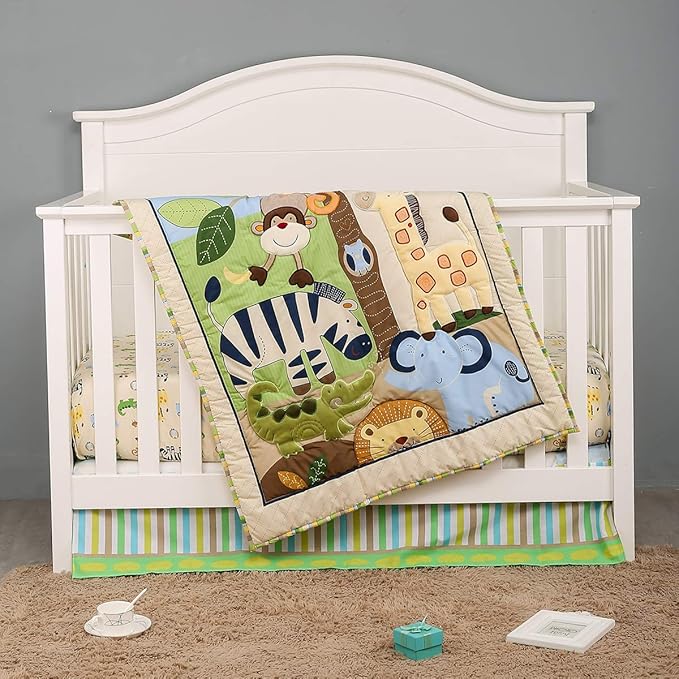 Brandream Jungle 3- Piece Nursery Crib Bedding Sets for Boys - Zebra Elephant Lion Monkey Giraffe Crocodile Birds - Playful Animal Zoo-CubbioJoy