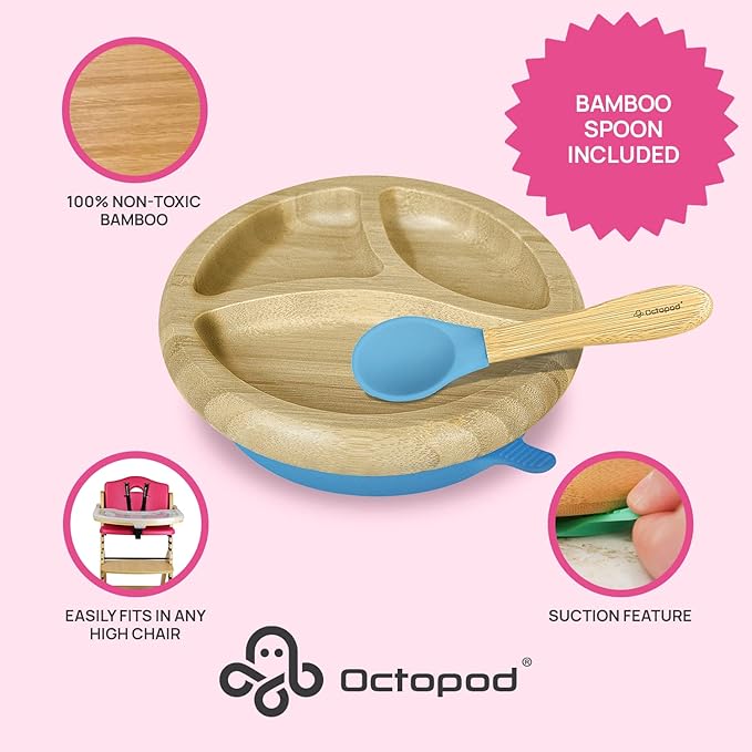 Abiie Octopod Bamboo Dish - Kids Plates for 4 months and up, 3-Compartment Baby Plates with Suction, Round Bamboo Baby Plate, Mess-Free Toddler Suction Plates, Baby Feeding Supplies, 7.5 x 7.5 x 1.9in-CubbioJoy