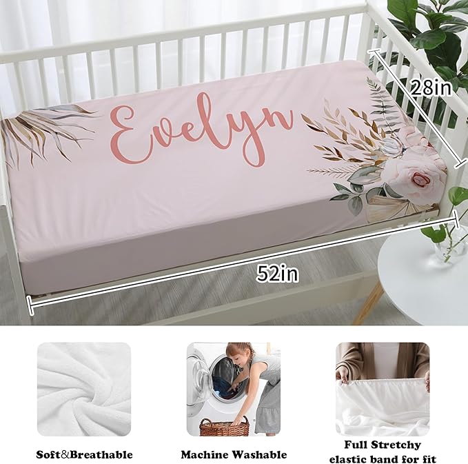 Custom Nursery Crib Bedding Set: 4 Piec Bohemian Flowers Baby Crib Sets for Girls with Personalized Name - Toddler Double Layer Blanket Set, Comfortable Crib Bed Sheets for Baby Toddlers-CubbioJoy