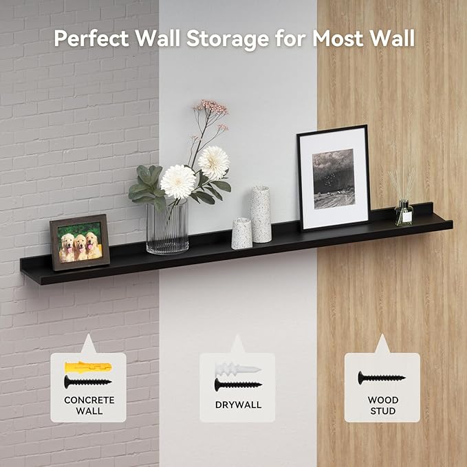47.2 Inches Long Floating Shelves Wall Mounted, 2 Set Modern Wall Shelf for Bedroom, Nursery Book Shelf with Lip, Picture Ledge Shelf for Wall Decor Living Room Bathroom Kitchen - Black-CubbioJoy