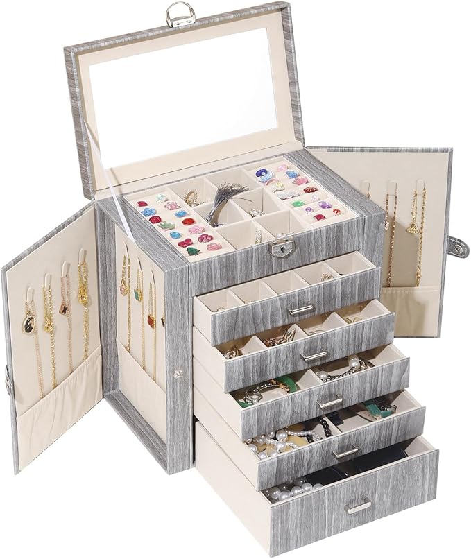 BOOVO Jewelry Box For women, 6 Layer Large Jewelry Organizer With Mirror, Accessory Holder With 5 Drawers, For Earrings Necklace Ring Bracelet (woodgrain grey)-CubbioJoy